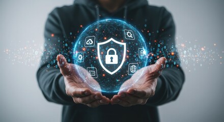Person holding a glowing digital shield protecting global data