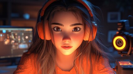 3D cartoon style, Stylish girl video blogger near computer in home studio lit by round LED neon lamp, camera and microphone nearby