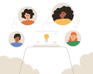 Flat vector illustration of office team discussion, idea sharing and teamwork concept. Vector flat cartoon style.