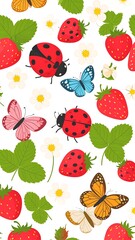 Strawberry, ladybug, butterfly pattern