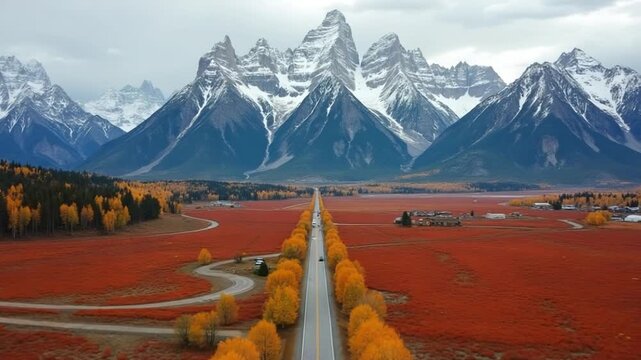Teton Mountain Range, Red Meadow and Cars on Road on Autumn Cloudy Day. Jackson Hole, Wyoming, USA. Aerial View. Drone Flies Sideways and Upwards