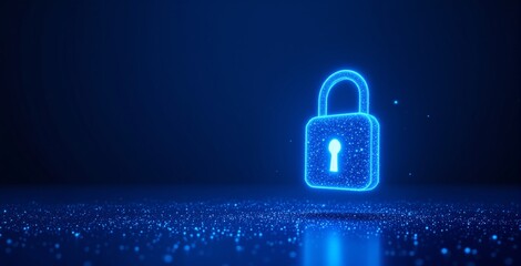 Glowing digital padlock symbolizes cybersecurity and data protection on a deep blue background with futuristic particle effects in a creative style. Ai generative