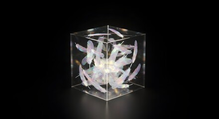 A glowing cube filled with luminous feathers, symbol of creativity.