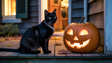 A black cat sits next to a glowing jack o lantern on a wooden porch at dusk during halloween night .