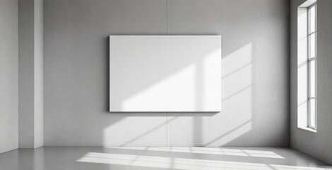 Minimalist white canvas on grey textured wall with sunlight casting geometric shadows through window in modern gallery interior background. Ai generative