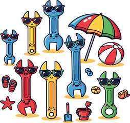 Beach toys shaped like tools with sunglasses and beach accessories