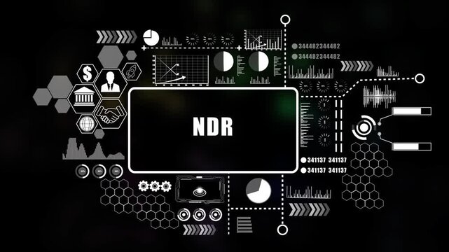 Futuristic blue HUD interface with NDR text and glowing circular elements on a map background technology