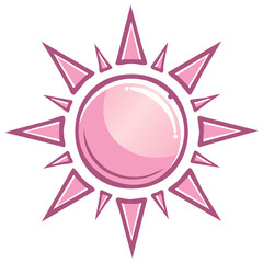 Cute pink magical sunburst icon with a shiny celestial orb and pointed rays