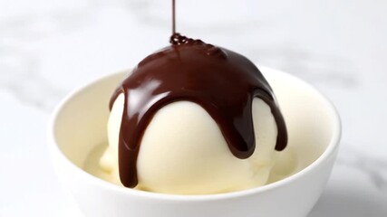 Chocolate sauce being poured over vanilla ice cream in a white bowl on a marble surface, creating a sweet and tempting dessert experience.