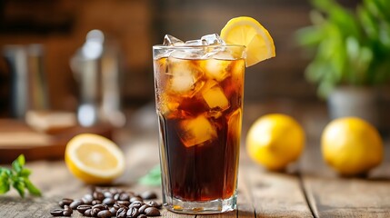Coffee cold brew with tonic in a tall glass with ice and lemon