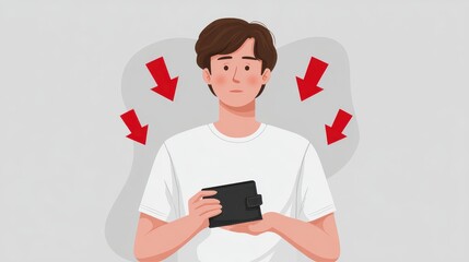 Declining customer confidence concept. A downward arrow symbolizing reduced confidence in spending and a decrease in domestic consumption and services.