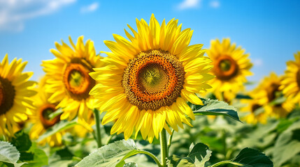 Fototapeta premium Bright Sunflower Blooming in Sunny Field