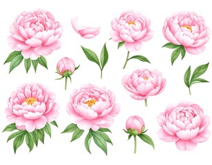 Set of delicate pink peonies
