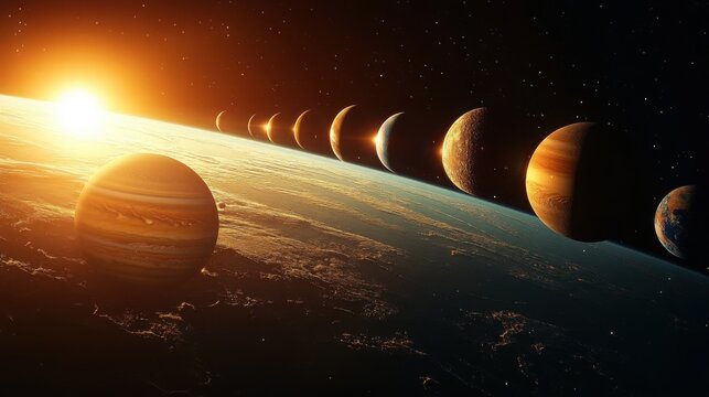 The massive planet Jupiter is prominently featured in the foreground while five other planets align in a vast cosmic view, illuminated by the sun in the upper corner of space.