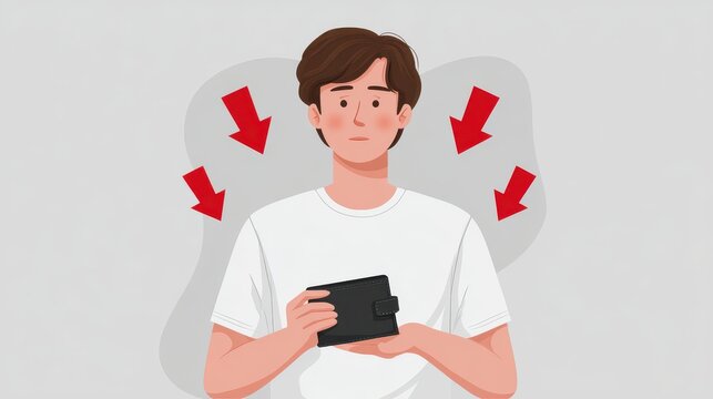 Declining customer confidence concept. A downward arrow symbolizing reduced confidence in spending and a decrease in domestic consumption and services.