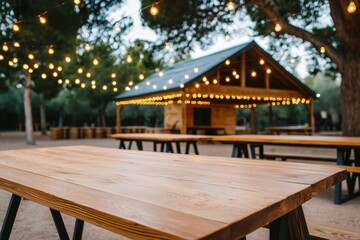 A warm, inviting outdoor dining area featuring wooden tables beneath string lights, with a rustic shelter in the background set in a serene environment.