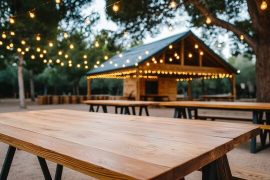 A warm, inviting outdoor dining area featuring wooden tables beneath string lights, with a rustic shelter in the background set in a serene environment.