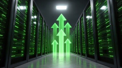 Data center with glowing green arrows pointing upward into the sky, symbolizing rising capital expenditure in the data center, database, and AI business.