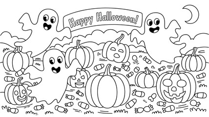 A halloween coloring page featuring ghosts pumpkins candy and a moon in a simple line drawing style design .
