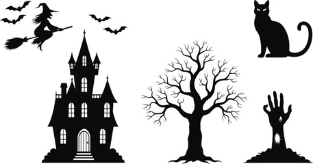 Halloween spooky castle with witch, bats, black cat, zombie hand, and creepy dead tree silhouettes for Halloween party decoration design