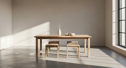 Minimalist dining room scene featuring sunlight, table and seating