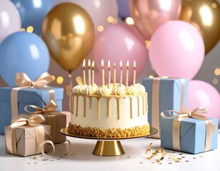 Birthday cake with gifts and balloons