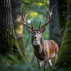 Fototapeta premium Majestic stag with antlers standing in a lush green forest