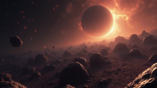 colossal field of hazardous asteroids stretching across a hazy galaxy