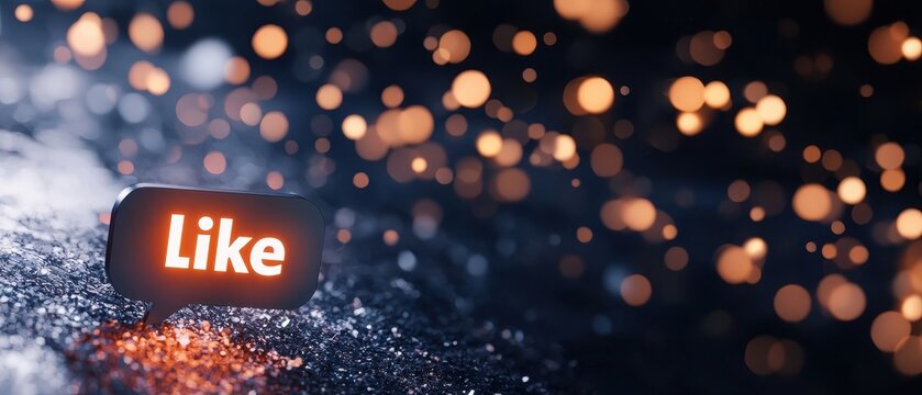 A glowing "Like" icon stands out against a dark background filled with shimmering bokeh lights, symbolizing social media engagement and connection. - Powered by Adobe