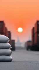 Obraz premium Sunset over a shipping yard with stacked bags in the foreground and containers in the background.