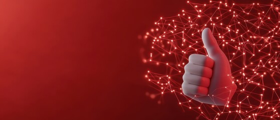 A graphic depicting a thumbs-up gesture with a network of red connections in the background, symbolizing approval and connectivity.