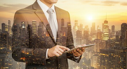 Businessman with tablet overlooking cityscape at sunset