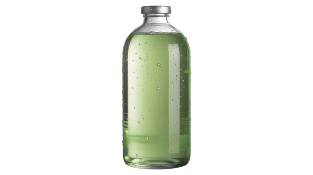 Refreshing green liquid in a clear glass bottle with condensation, perfect for health and wellness