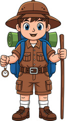 Cartoon boy scout hiking with backpack, walking stick, pocket watch, outdoor adventure character illustration for camping, trekking, nature exploration design