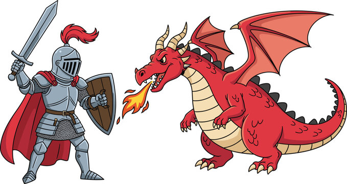 Fototapeta Cartoon knight fighting dragon with sword and shield, fantasy battle illustration for game design, storytelling, medieval adventure, and hero themes