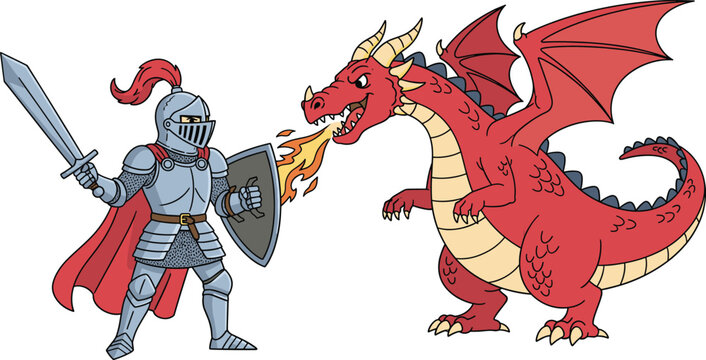 Fototapeta Cartoon knight fighting red dragon with sword and shield, fantasy battle illustration for medieval adventure, storytelling, game design, and hero themes