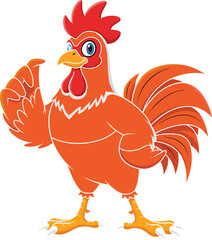 Cartoon Rooster Standing Upright with Raised Wing, Expressive Eyes, Colorful Feathers for Farm, Animal, Mascot, Branding, and Vector Themes