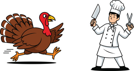 Cartoon turkey running from chef with knife and scissors, funny holiday escape scene for Thanksgiving, cooking humor, and festive illustration