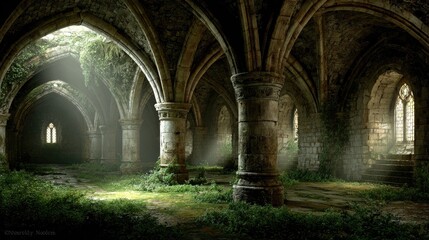 Fototapeta premium Ancient Stone Hall with Light and Greenery