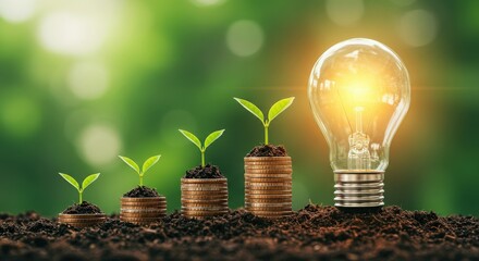Growing plants on coins with a glowing light bulb symbolizing investment growth