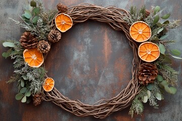Rustic grapevine wreath adorned with dried orange slices and pinecones for seasonal decoration