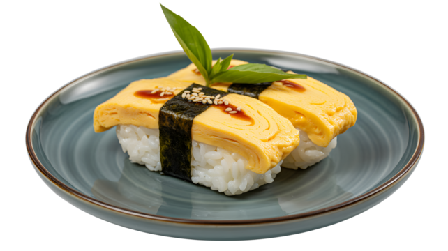 Delicious Tamago sushi nigiri on a plate, a culinary delight for food enthusiasts and restaurants - Powered by Adobe