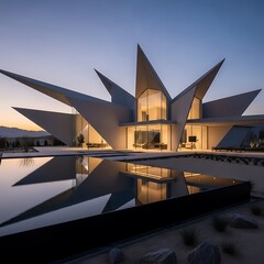 Fototapeta premium Unique architectural structure with reflective pool during twilight hours