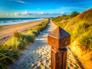 3d icon of a sandy pathway lined with lush green grass and dunes leads towards the ocean, with a weathered wooden post in the foreground under a bright blue sky