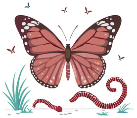 Fototapeta premium Vector illustration of a pink butterfly with spread wings, earthworms, and insects in a garden scene.