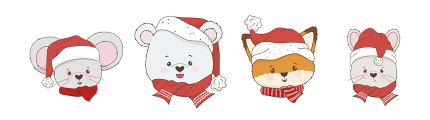 Cute Animals in Santa Hats Vector Illustration