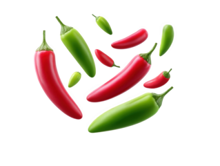 Assortment of fresh red and green chili peppers isolated on transparent background