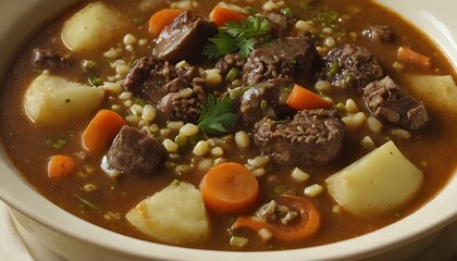 bowl of oxtail soup with carrots, barley, and potatoes