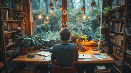 Obraz premium A man works from home with a view of nature outside an open window. The concept of remote work, freelancing