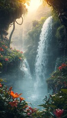 Enchanted Waterfall Oasis: Lush Jungle Paradise with Sunlit Mist